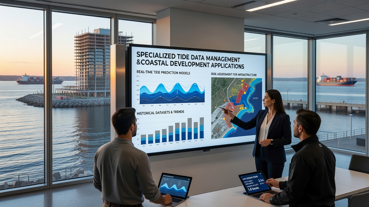 Coastal engineering team reviewing tide data visualizations for a large-scale waterfront development project